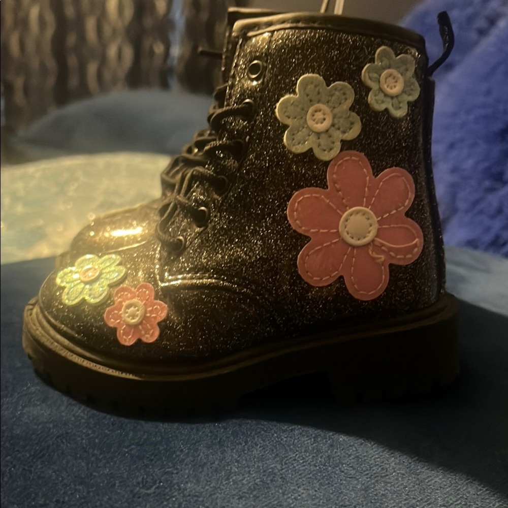 Sparkly Black Kids Boots with Floral Accents